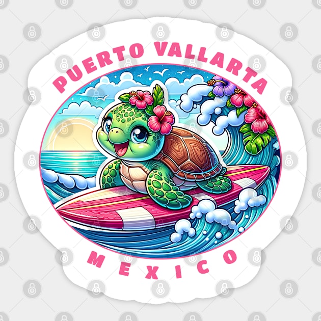 Puerto Vallarta Mexico Girls Cute Surfing Sea Turtle Sticker by grendelfly73